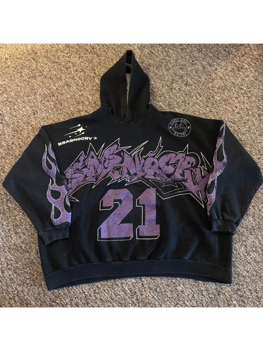 Buenos Aires No Cry Streetwear Hoodie Black & Purple Mens Oversized XL